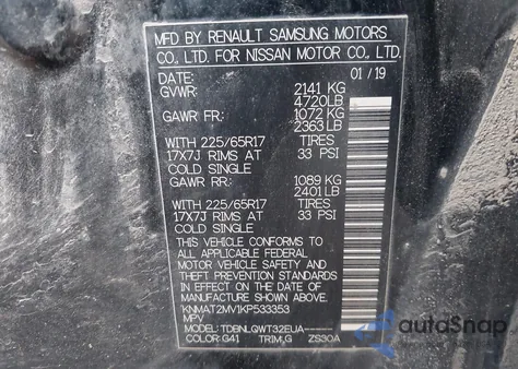 2019 Nissan Rogue Sv from USA, damaged, VIN KNMAT2MV1KP533353